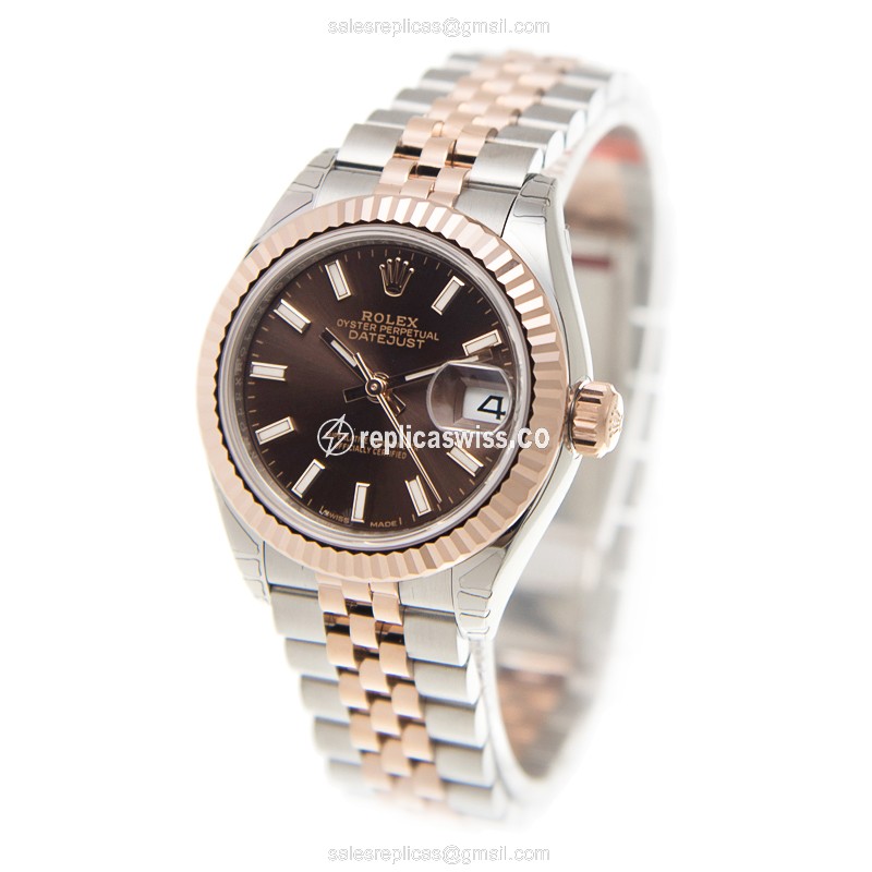 Rolex Lady Datejust Replica: Automatic - Rose Gold Case - Brown Dial on Gold Strap - View 3