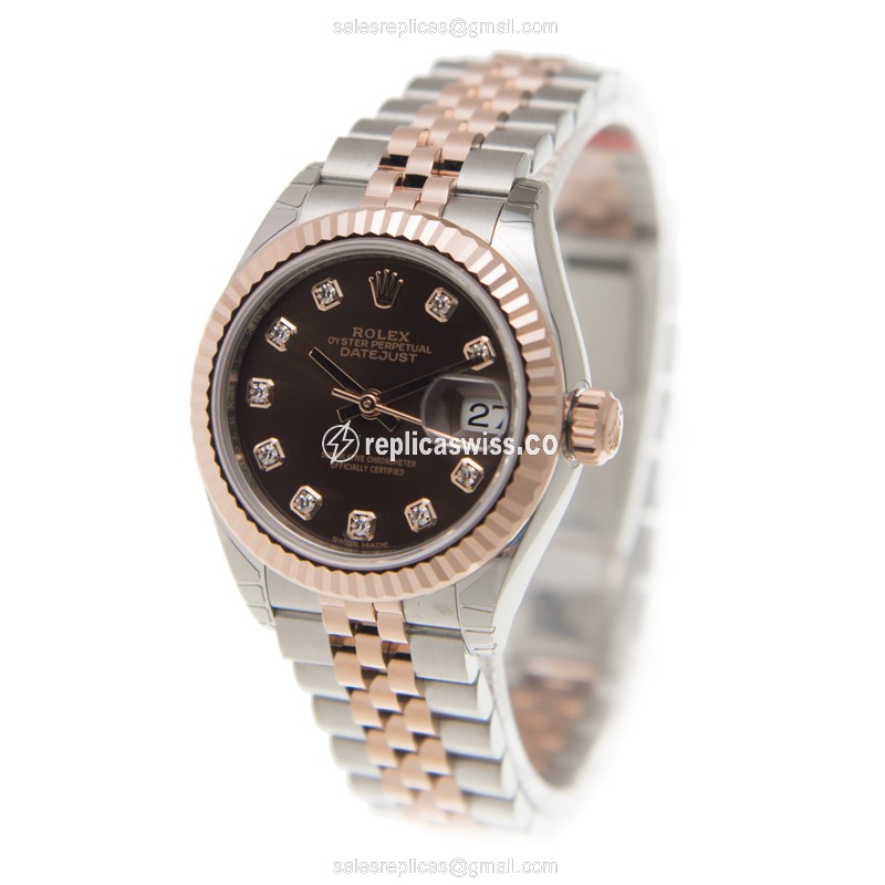 Rolex Lady Datejust Replica - Automatic - 18kt Rose Gold Case - Brown Dial on Steel Strap - View 3