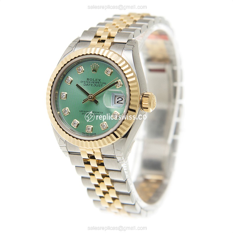 Rolex Lady Datejust Replica - Automatic - 18kt Gold & Steel - Green Dial - Gold Strap - View 3