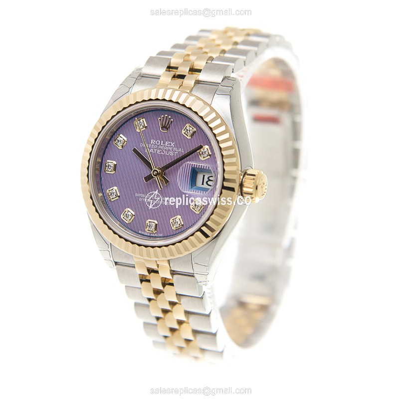 Rolex Datejust Lady Replica | Automatic | 18kt Gold Case | Purple Dial | Gold Clasp & Steel Strap - View 3