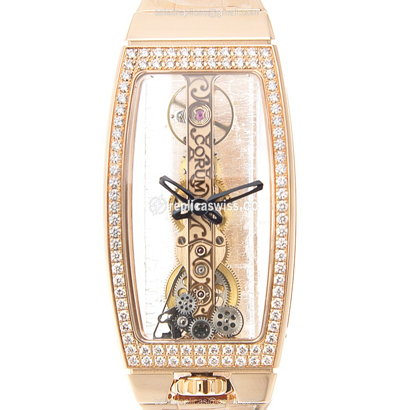 Corum Bridge Replica - Manual Wind - 18kt Rose Gold - Diamond Skull Dial - Gold Clasp & Strap - View 2