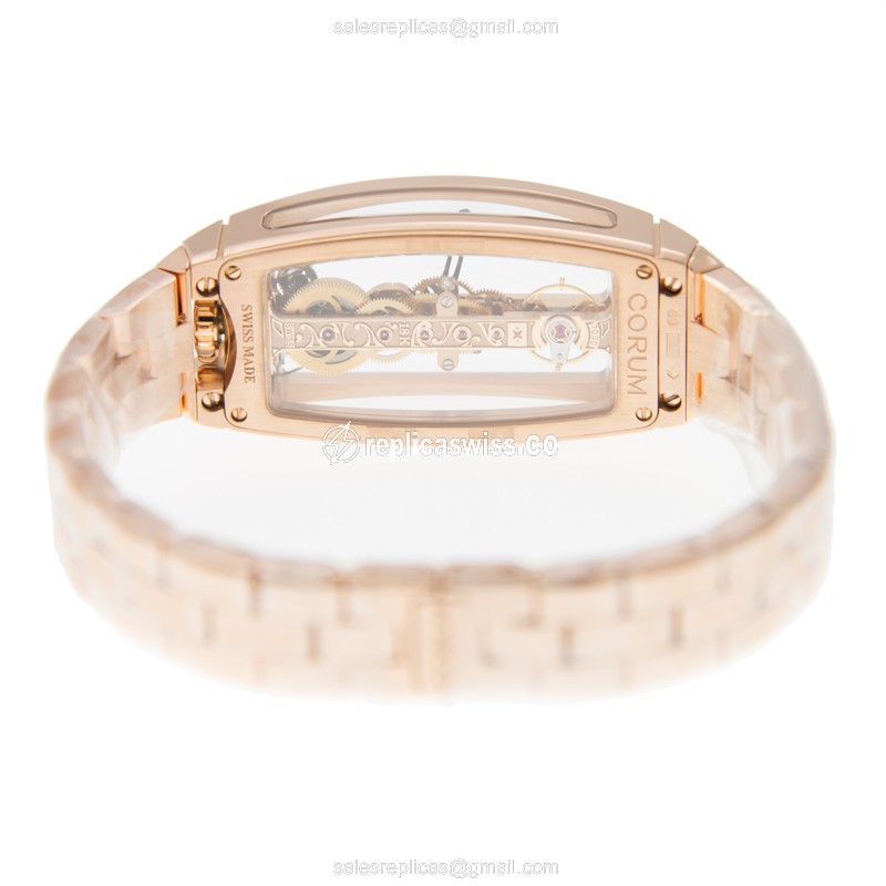 Corum Bridge Replica - Manual Wind - 18kt Rose Gold - Diamond Skull Dial - Gold Clasp & Strap - View 4