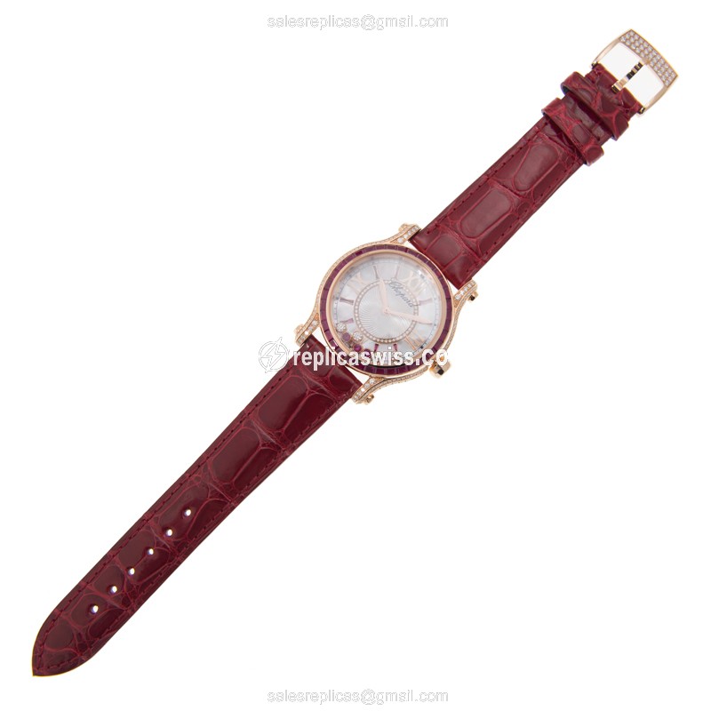 Chopard Happy Sport Replica - Automatic - 18kt White Gold - Ruby Dial - Red Alligator Strap - View 2