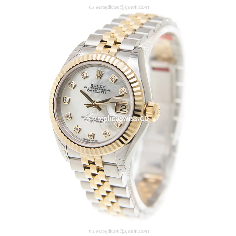 Rolex Lady Datejust Replica - Automatic - 18kt Gold & Steel - White Dial - Gold Clasp - View 3
