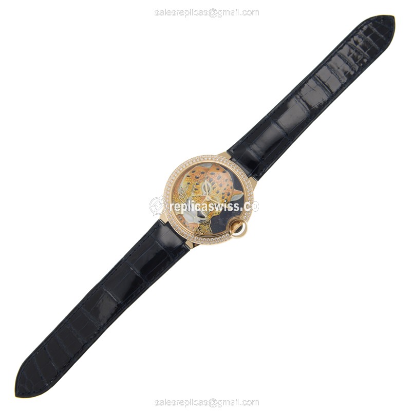 Cartier Ballon Bleu Replica - Automatic - 18kt Gold - Diamond - Orange Dial - Blue Alligator Strap - View 2