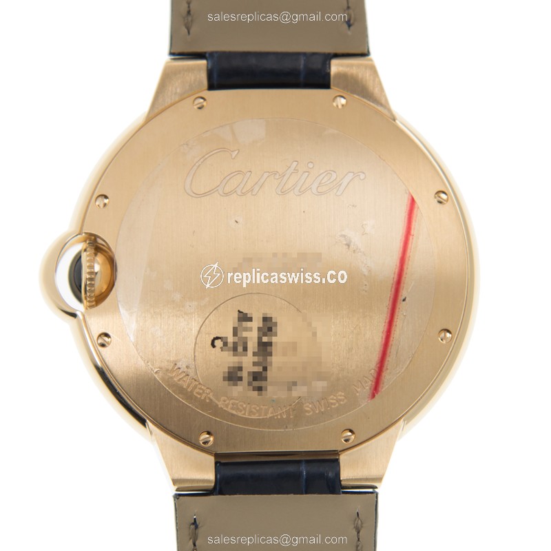 Cartier Ballon Bleu Replica - Automatic - 18kt Gold - Diamond - Orange Dial - Blue Alligator Strap - View 3