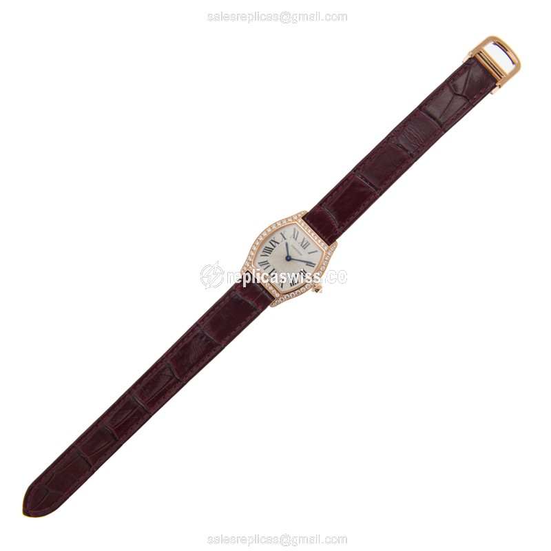 Cartier Tortue Manual Wind 18kt Rose Gold - Diamond Dial - Silver - Alligator Purple - View 2
