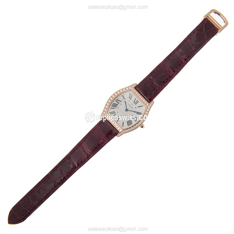 Cartier Tortue Replica - Manual Wind - 18kt Rose Gold - Diamonds - White Dial - Purple Alligator Strap - View 2