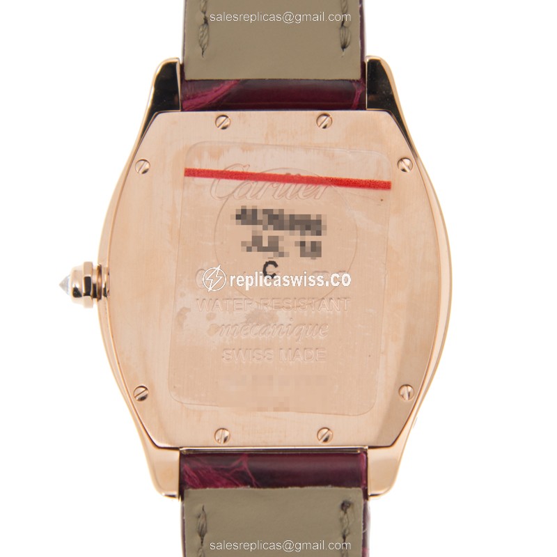 Cartier Tortue Replica - Manual Wind - 18kt Rose Gold - Diamonds - White Dial - Purple Alligator Strap - View 3
