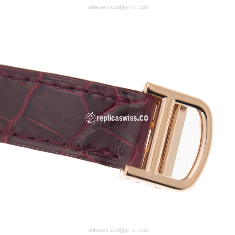 Cartier Tortue Replica - Manual Wind - 18kt Rose Gold - Diamonds - White Dial - Purple Alligator Strap - View 4