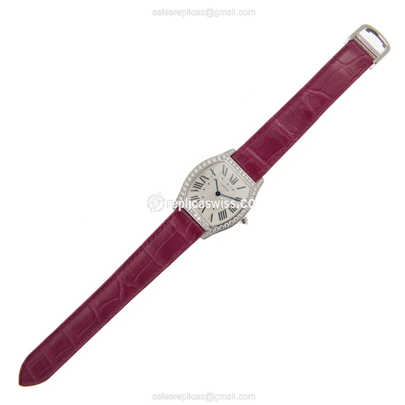 Cartier Tortue Manual Wind 18kt White Gold Diamond Silver Dial Alligator Purple Clasp - View 2