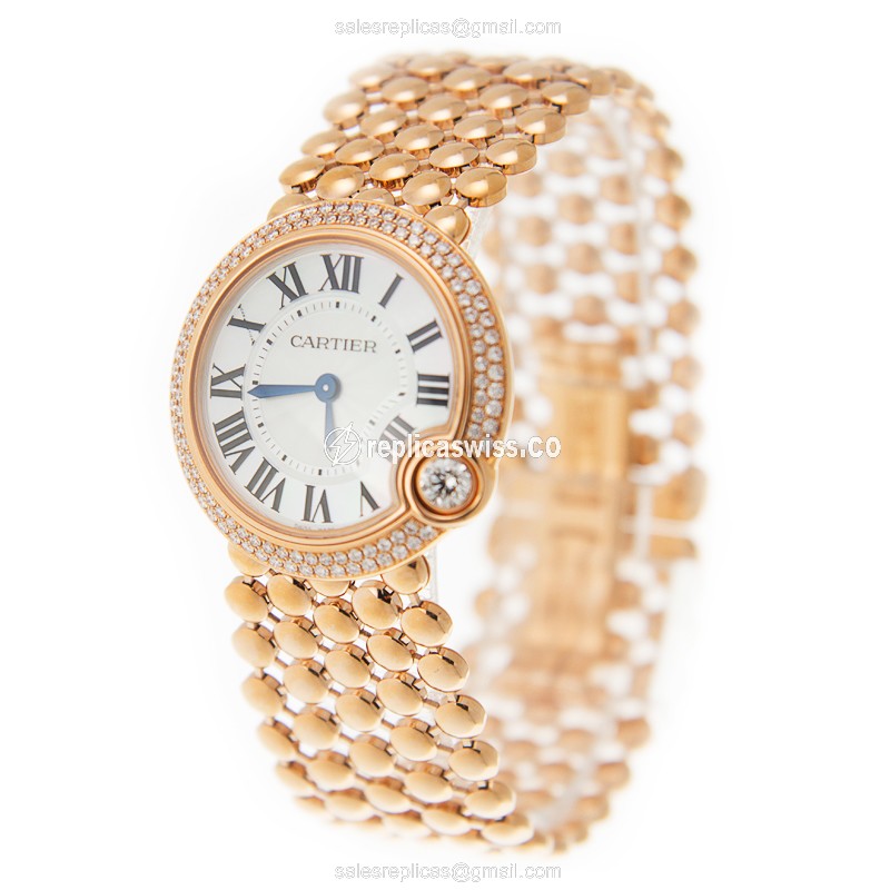 Cartier Ballon Bleu Replica - Quartz - 18kt Rose Gold Case - White Dial - Gold Strap - View 3