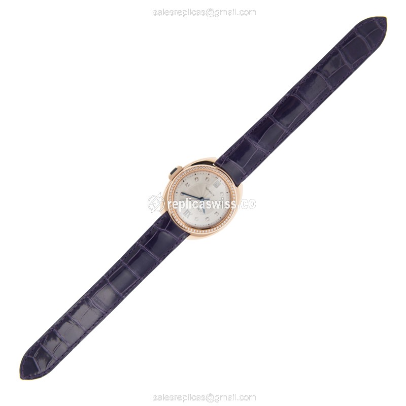 Cartier WJCL0039 CLe DE CARTIER - Automatic - 18kt Rose Gold - Diamonds - White Dial - Alligator Purple Strap - View 2