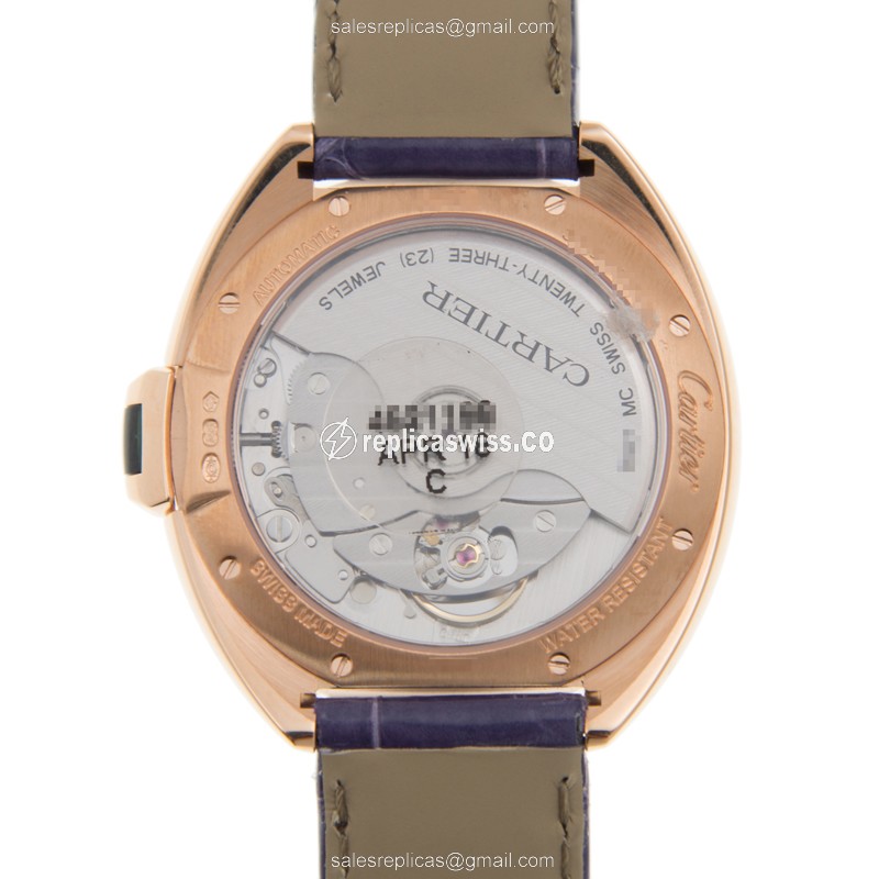 Cartier WJCL0039 CLe DE CARTIER - Automatic - 18kt Rose Gold - Diamonds - White Dial - Alligator Purple Strap - View 3