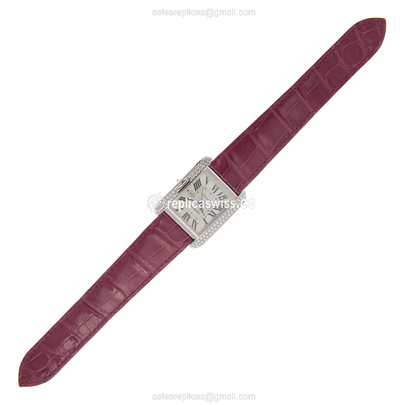 Cartier WT100018 TANK Replica - Automatic - Stainless Steel & Diamond Accents - Silver Dial - Purple Alligator Strap - View 2