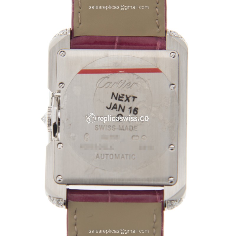 Cartier WT100018 TANK Replica - Automatic - Stainless Steel & Diamond Accents - Silver Dial - Purple Alligator Strap - View 3