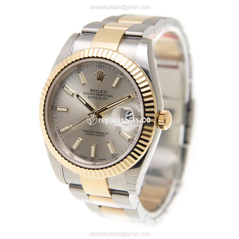 Rolex DATEJUST Replica - Automatic - 18kt Gold Case - Silver Dial - Gold Steel Strap - View 3