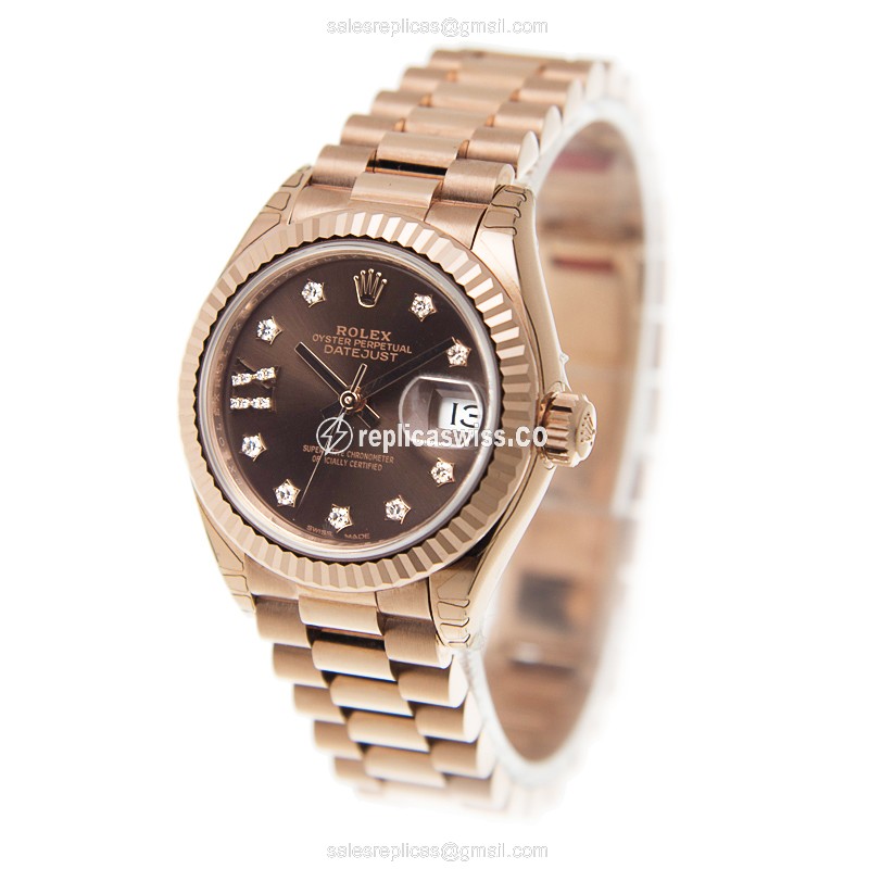 Rolex Lady Datejust Replica - Automatic - 18kt Rose Gold - Brown Dial - Gold Strap - View 3