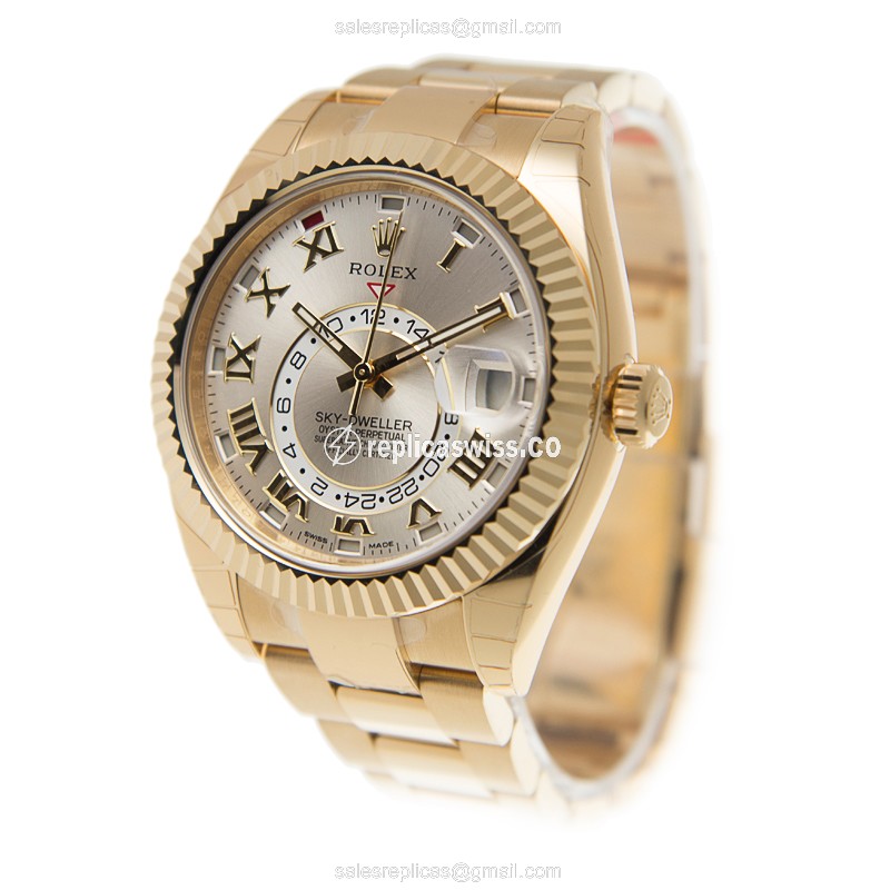 Rolex Sky-Dweller Replica - Auto - 18kt Yellow Gold - Silver Dial - Gold Strap - View 3