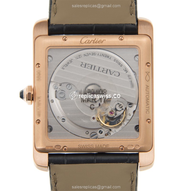 Cartier TANK Replica - Automatic - 18kt Rose Gold - Dark Grey Dial - Black Alligator Strap - View 3