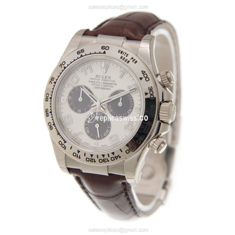 Rolex Daytona Replica - Automatic - 18kt White Gold - White Dial - Brown Alligator Strap - View 3