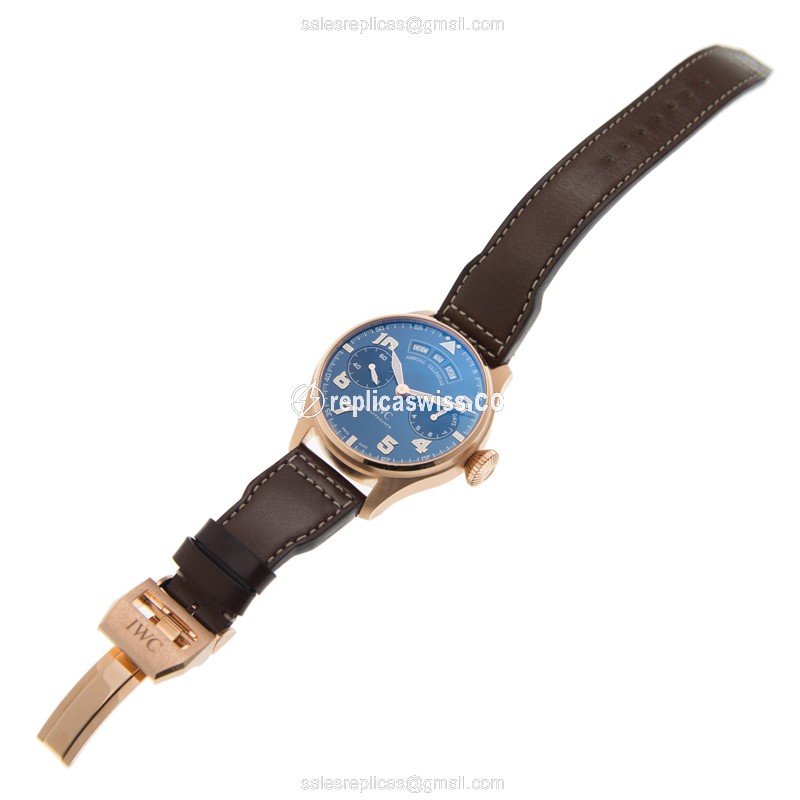 IWC PILOTS Rolex Replica - Automatic 18kt Gold - Blue Dial - Brown Cowhide Strap - View 2
