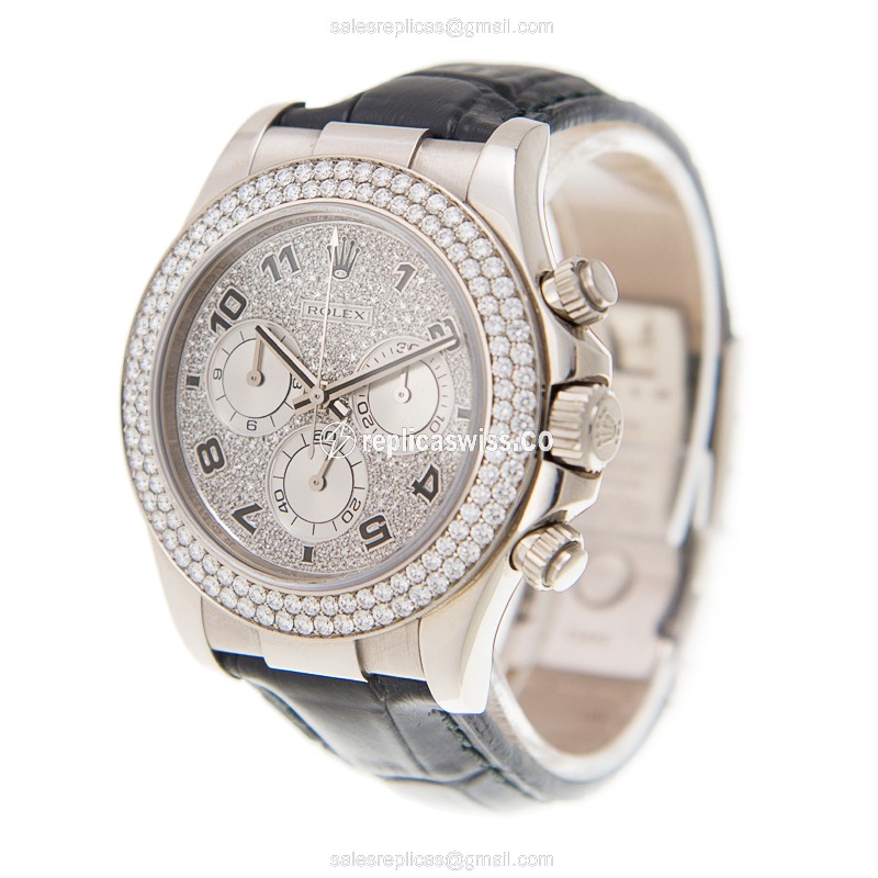 Rolex Daytona Replica - Automatic - 18kt White Gold - Diamond Case - Silver Dial - View 3