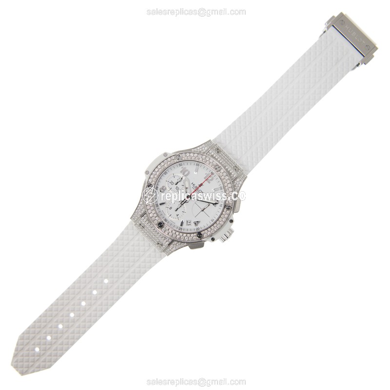 Hublot Big Bang Replica - Automatic - Diamond Case - White Dial - Rubber Strap - View 2