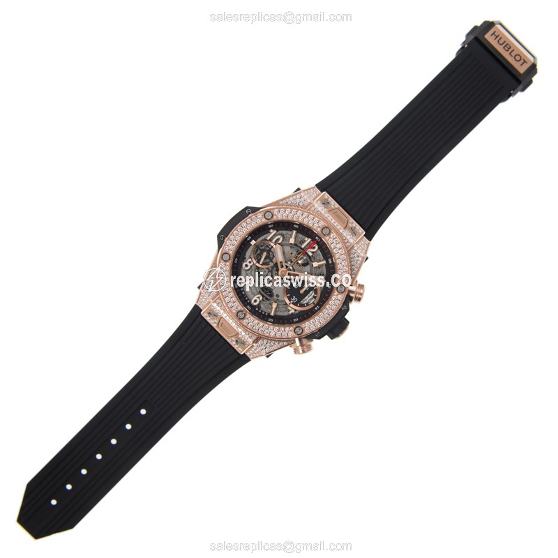 Hublot BIG BANG Replica - Automatic - 18kt Rose Gold - Diamonds - Silver Dial - Black Rubber Strap - View 2