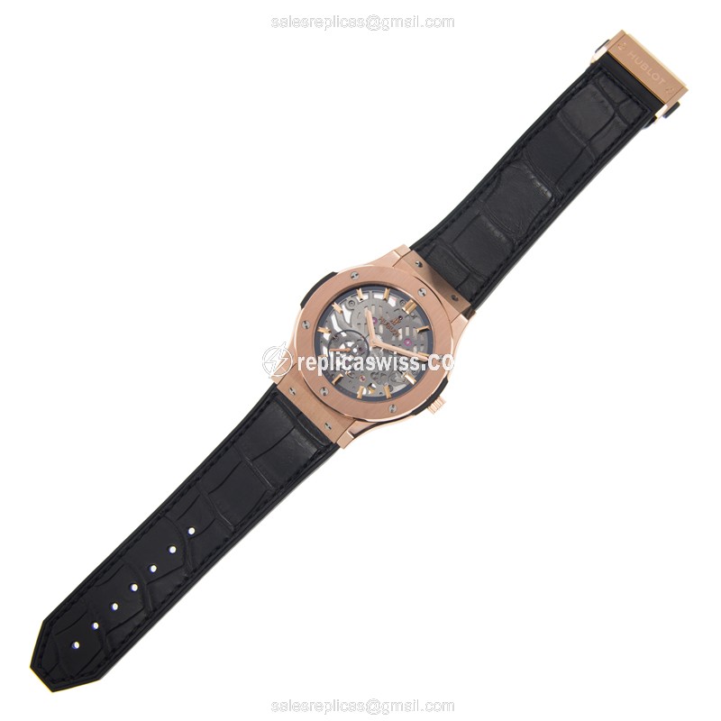 Hublot Classic Fusion Replica - Manual Wind - 18kt Rose Gold - Skull Dial - Black Rubber Strap - View 2