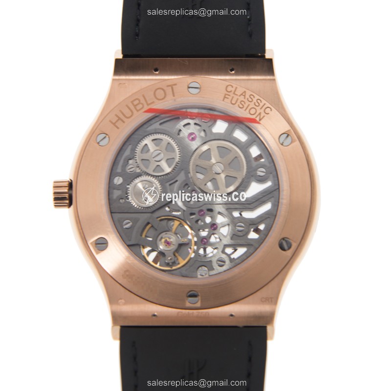Hublot Classic Fusion Replica - Manual Wind - 18kt Rose Gold - Skull Dial - Black Rubber Strap - View 3