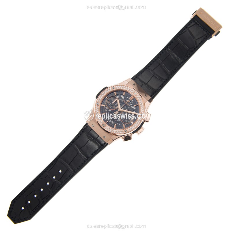 Hublot Classic Fusion Replica - Automatic - 18kt Rose Gold - Diamonds - Skull Dial - Black Rubber Strap - View 2