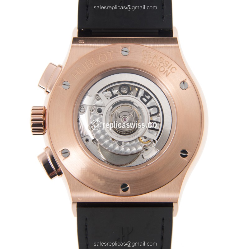 Hublot Classic Fusion Replica - Automatic - 18kt Rose Gold - Diamonds - Skull Dial - Black Rubber Strap - View 3