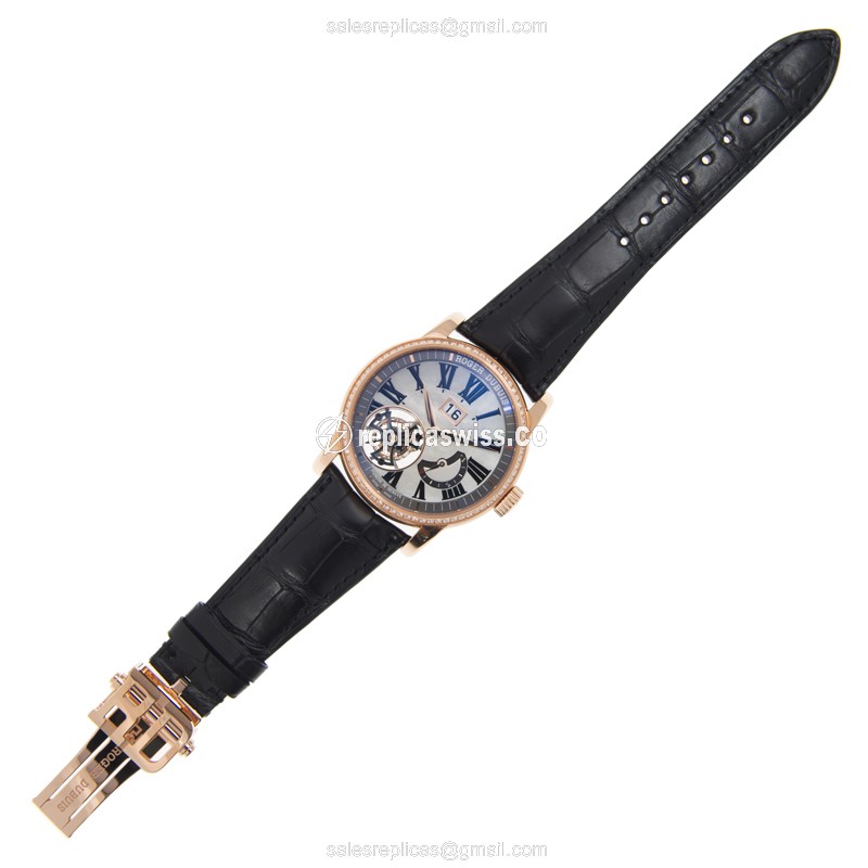 Roger Dubuis DBHO0579 HOMMAGE - Manual Wind - 18kt Rose Gold - Diamonds - White Dial - Black Alligator Strap - View 2