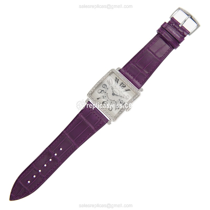 Franck Muller Master Square Quartz - Silver Dial - Diamond Case - Purple Alligator Strap - Buckle Clasp - View 2