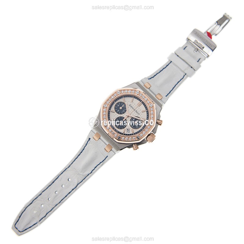 Rolex ROYAL OAK Replica - Automatic - Rose Gold - Diamonds - Silver Dial - Alligator White Strap - View 2