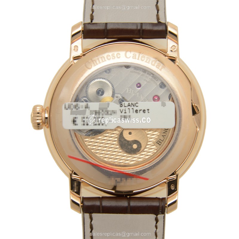 Blancpain VILLERET Replica - Automatic - 18kt Rose Gold - White Dial - Brown Alligator Strap - View 3