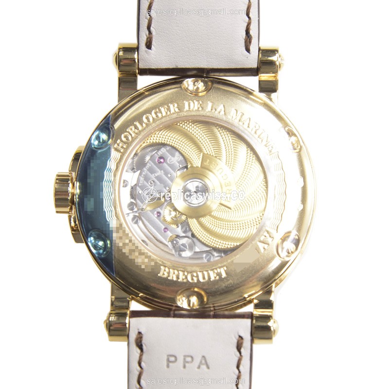 Breguet MARINE 5817BA/12/9V8 Replica - Auto 18kt Yellow Gold - Silver Dial - Brown Alligator - View 3