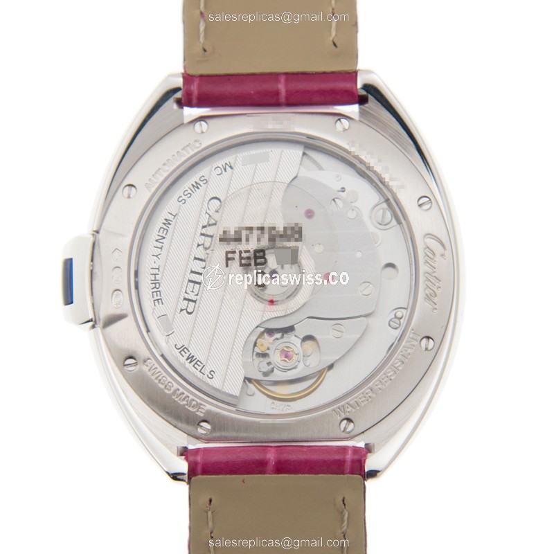 Cartier WJCL0014 Replica - Automatic - 18kt White Gold - Diamond - Silver Dial - Purple Alligator Strap - View 3