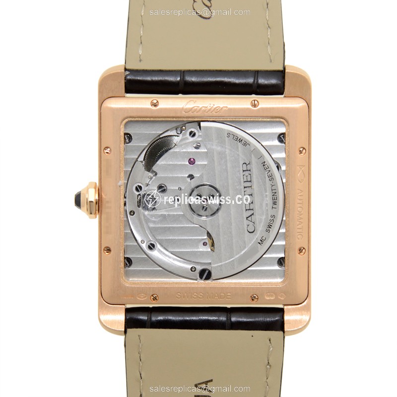 Cartier TANK Replica - Automatic - 18kt Rose Gold - White Dial - Brown Alligator Strap - View 3