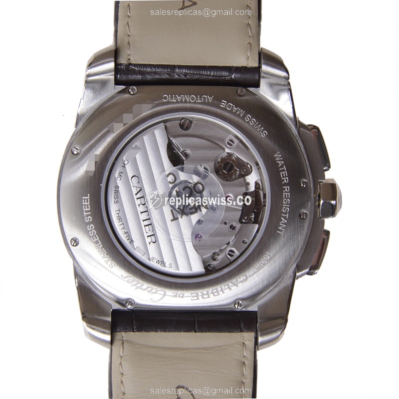 Cartier W7100043 Replica - Calibre De Cartier Auto - Steel Case - White Dial - Brown Alligator Strap - View 3
