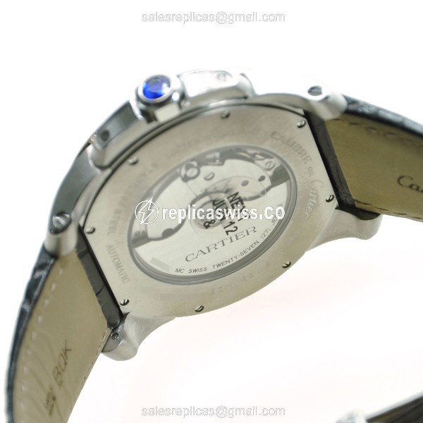 Cartier W7100039 Replica - Calibre De Cartier Auto - 18kt Rose Gold/Steel Case - White Dial - Brown Alligator Strap - View 4