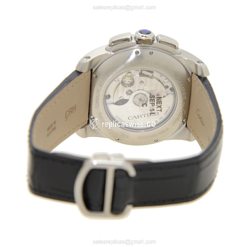 Cartier W7100046 Replica - Caliber De Cartier Automatic - White Dial - Steel Case - Black Alligator Strap - View 4