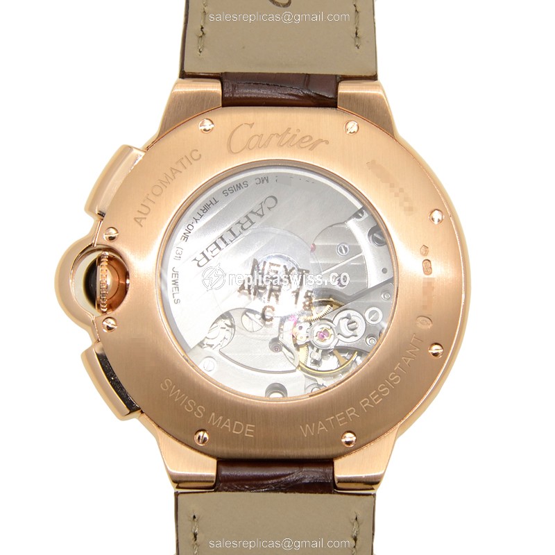 Cartier Ballon Bleu Replica - Automatic - 18kt Rose Gold - Silver Dial, Brown Alligator Strap - View 3