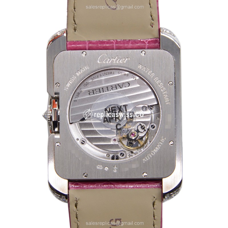 Cartier TANK Replica - Automatic - 18kt White Gold - Diamond - White Dial - Pink Alligator Strap - View 3