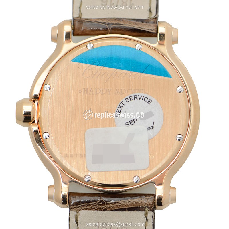 Chopard Happy Sport Quartz 18kt Rose Gold & Diamond - White Dial - Alligator Brown Strap - View 3