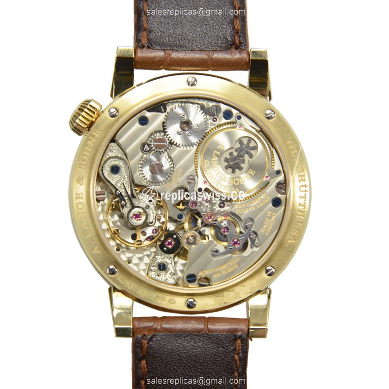 A Lange & Sohne Replica - Manual Wind - 18kt Yellow Gold - Silver Dial - Brown Alligator Strap - View 3