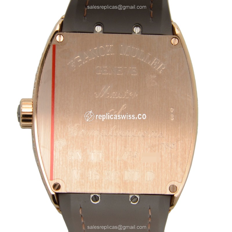 Franck Muller V 45 SC DT D 5NTT Vanguard Auto 18kt Rose Gold Diamonds Gray Dial Buckle Leather Black Strap - View 3