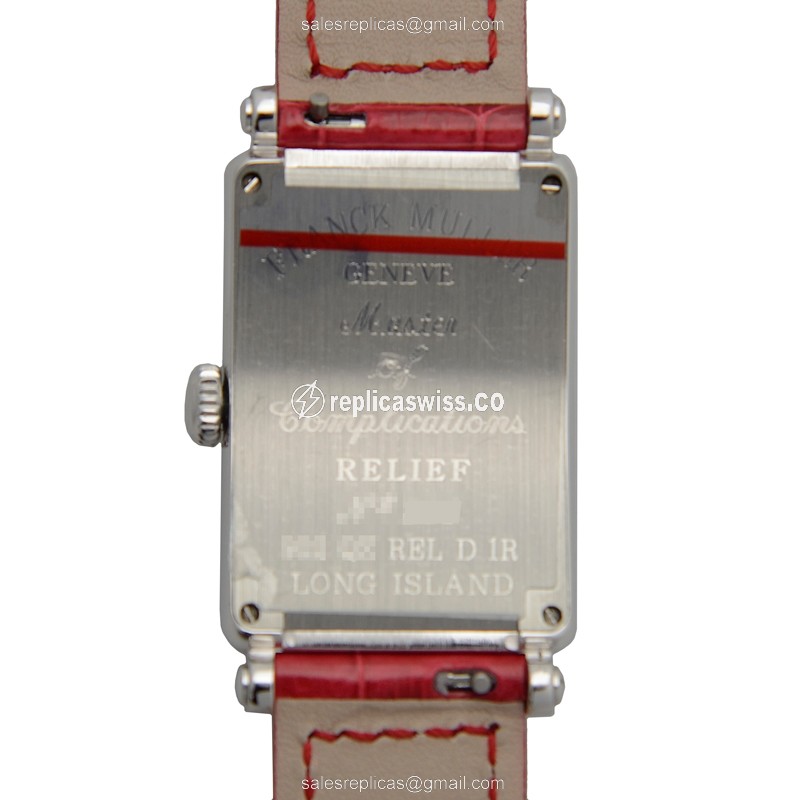 Franck Muller 902 QZ REL D 1R AC Replica - Quartz - Stainless Steel - Diamonds, Silver Dial, Red Alligator Buckle - View 3