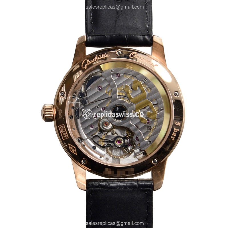 Glashutte Senator Panorama Date Replica - Automatic - 18kt Rose Gold - Silver Dial - Black Alligator Strap - View 3